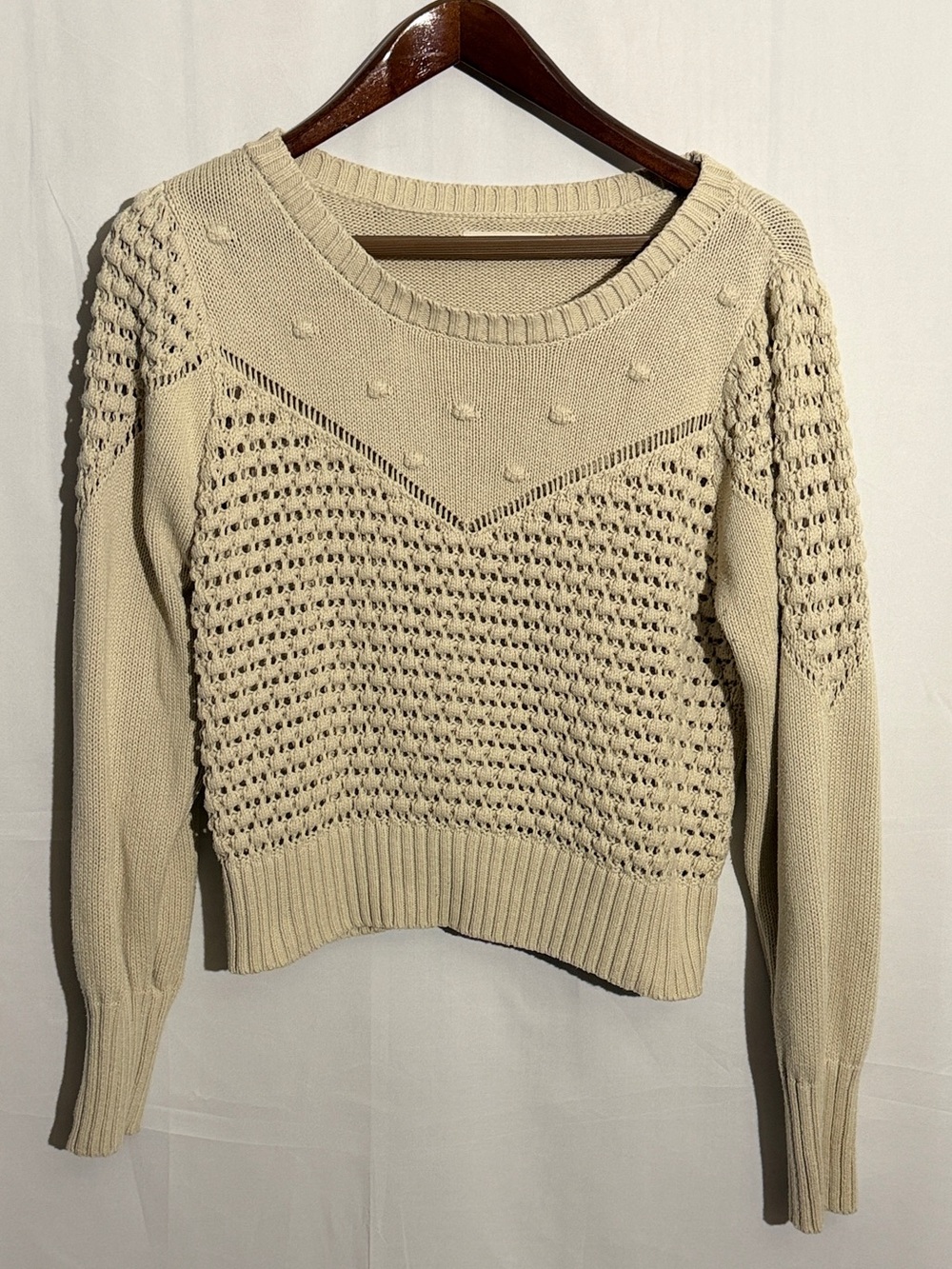 Lucky Brand Large Cream Bobble Pointelle Knit Crewneck Cotton Blend Sweater